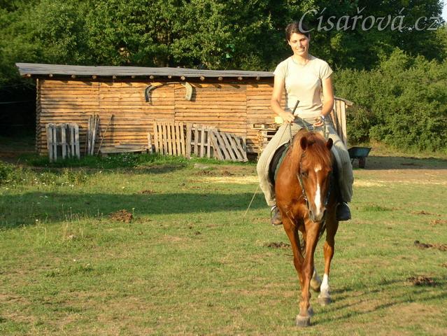 Janek jde na jízdárnu, v pozadí naše "bouda" pro koně :-)